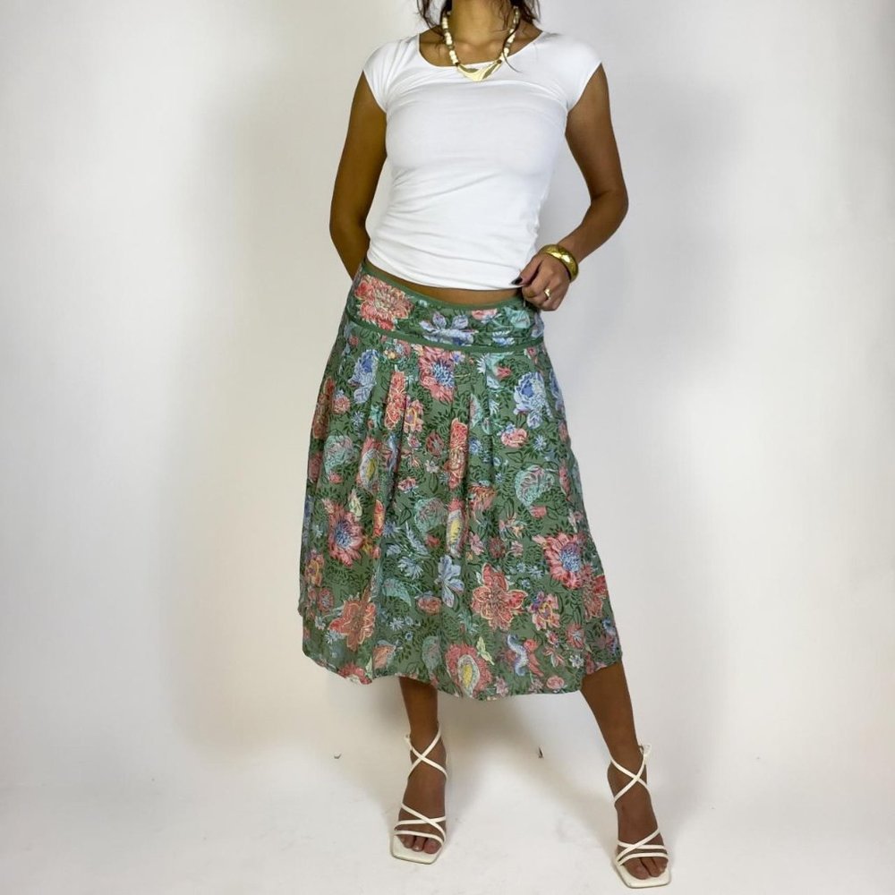 vintage green and pink flowy pleated midi skirt